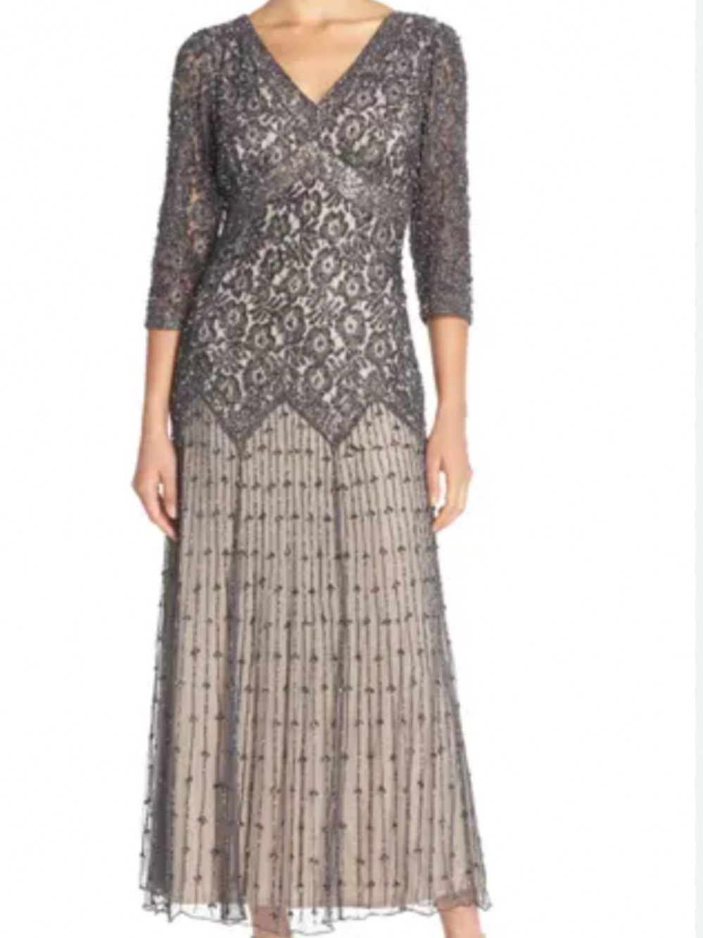 Pisarro Nights Silver Beaded V-Neck Evening Gown
